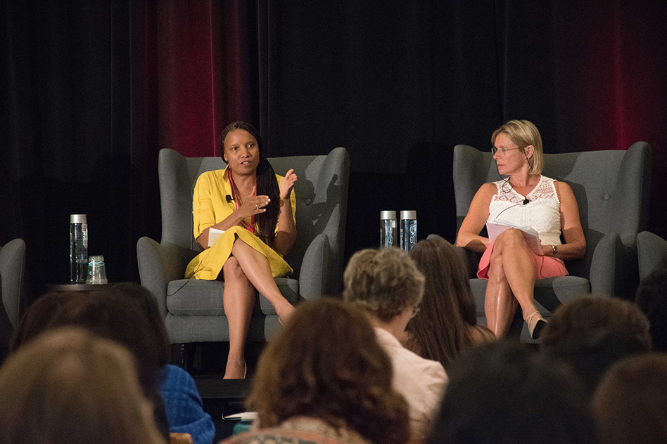 Nicole Poindexter (left), CEO of Energicity, participates in a panel about clean energy technologies in emerging markets. Also pictured is panelist Cathy Zoi, CEO of Axess Energy. Photo: MITEI Office of Communications